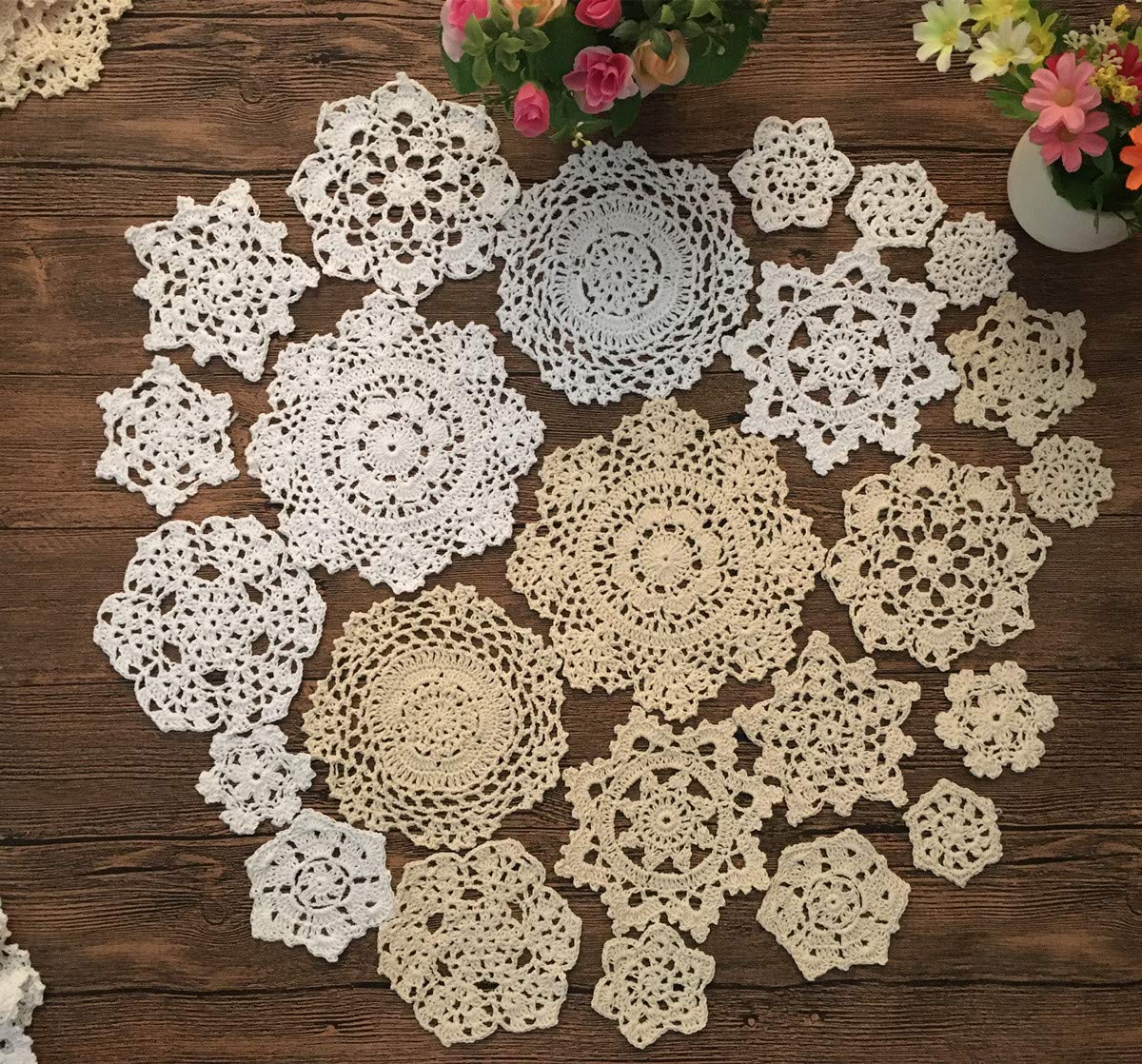 MINDPLUS Set of 24 Hand Crochet Doilies Cotton Crocheted Lace Doilies Table Placemat 2-7 Inches Snowflake Style White Beige Vintage (White&Beige)