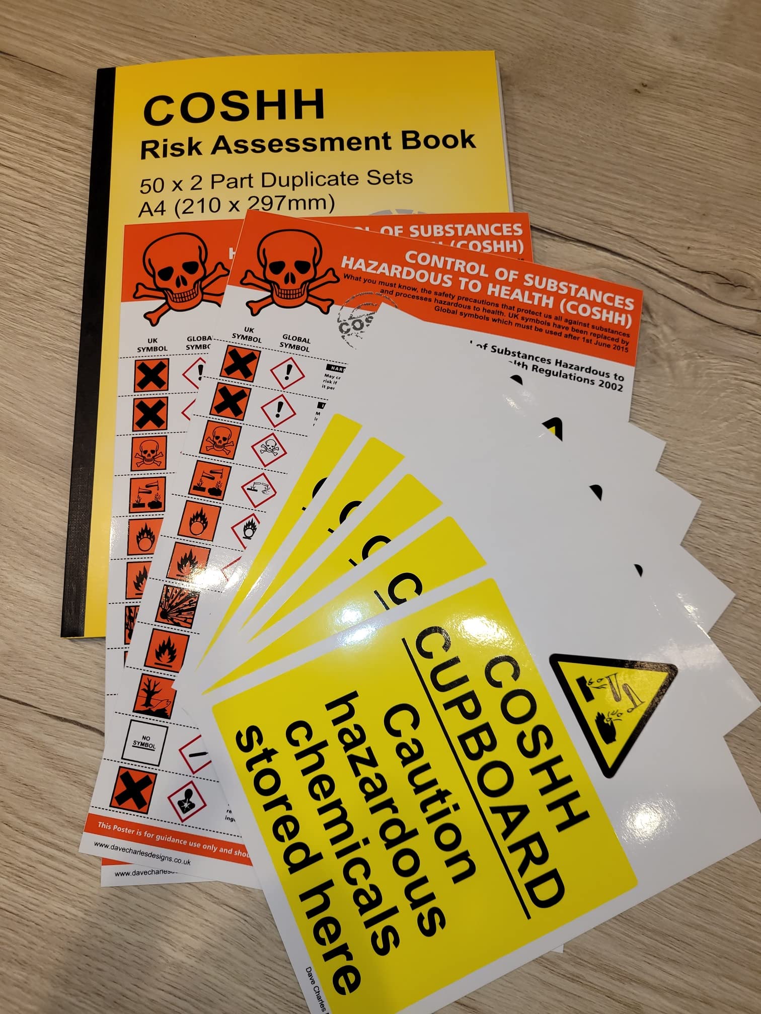COSHH Starter Pack. Risk Assessment Book A4 (297mm x 210mm) Plus 7 COSHH Signs YELLOW