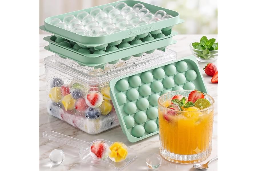 Mini Ice Cube Trays with Lid & Bin, 64 Round Ice Balls, 0.8 Inch, 2 Pack | BPA-free food-grade PP, reusable easy-release tray
