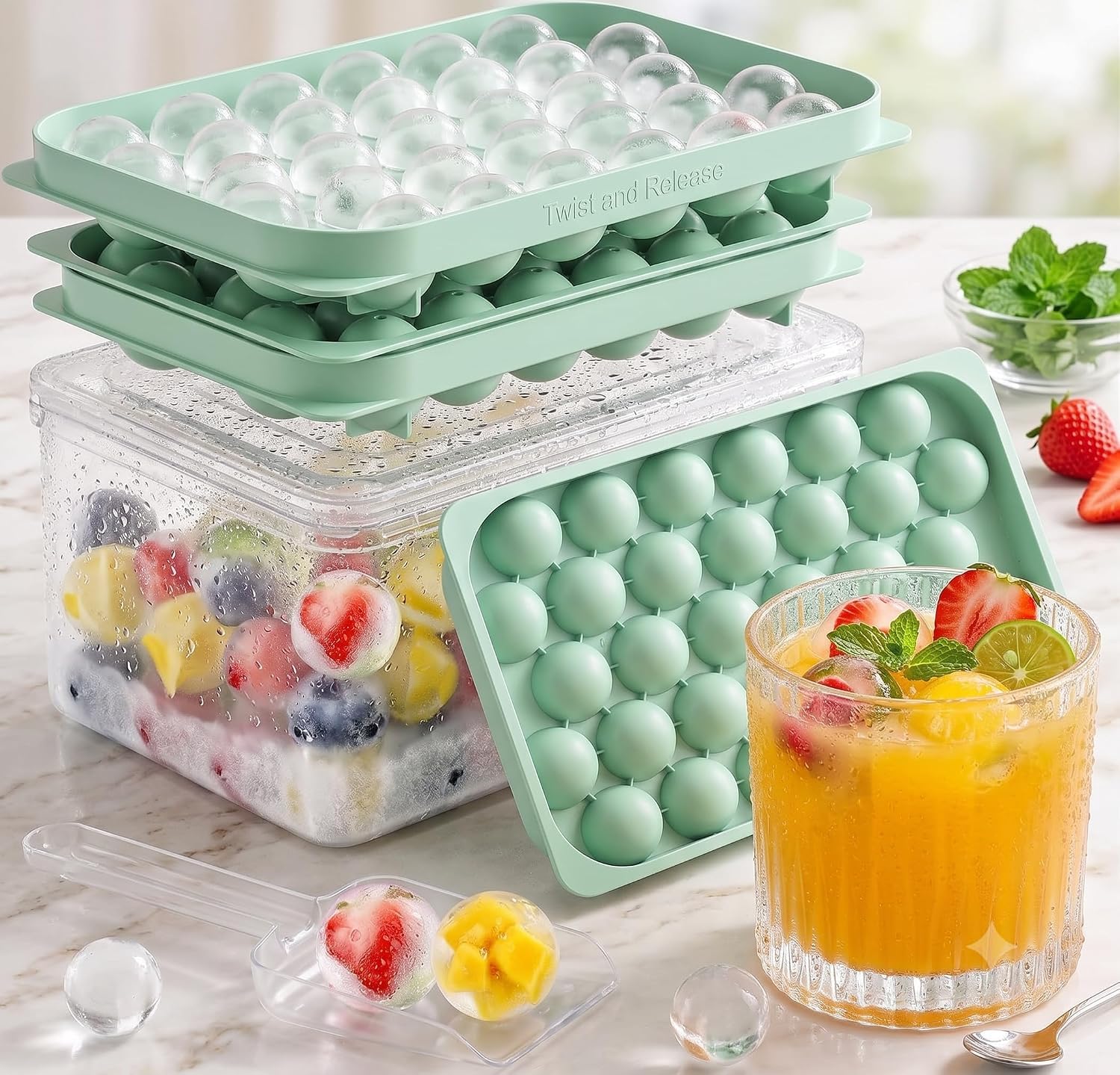 Mini Ice Cube Trays with Lid & Bin, 64 Round Ice Balls, 0.8 Inch, 2 Pack | BPA-free food-grade PP, reusable easy-release tray