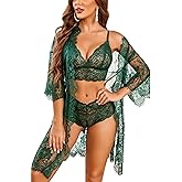Avidlove Women Sexy Lingerie Set 3 Piece Bra and Panty Sets with Lace Kimono Robe Sleepwear Mesh Nightgown