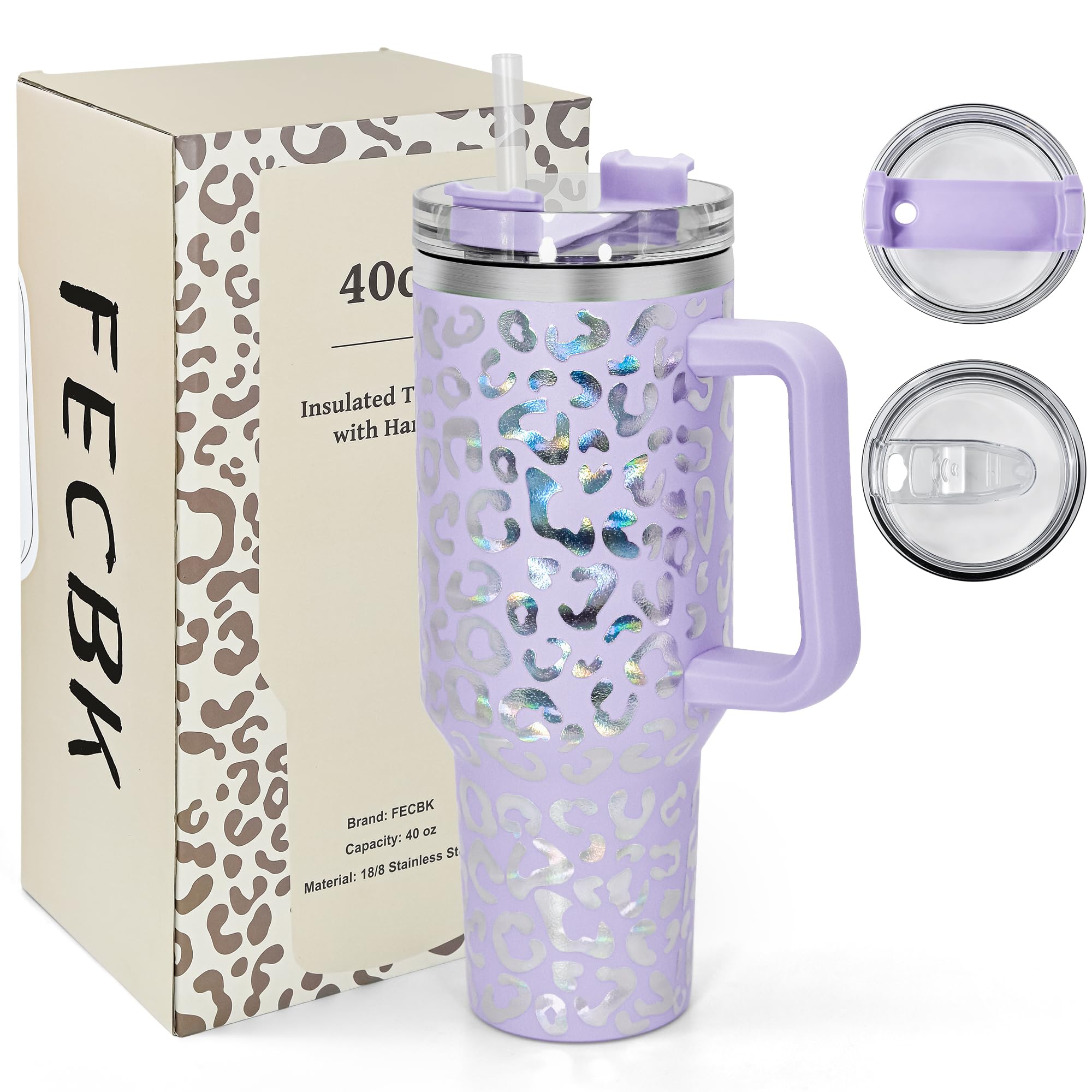 FECBK 40oz Tumbler with Straw and Lid 1.2L, 100% Leak-Proof Travel Mug with Handle, Stainless Steel Vacuum Insulated Water Bottle Coffee Cup Keeps Cold 34H / Hot 12H, Lilac Leopard — image 1