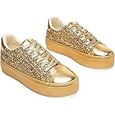 AISFAES Women Glitter Platform Sneakers Sparkly Lace-Up Chunky Sneakers Fashion Low-Top Tennis Shoes Comfortable Metallic Sequin Walking Shoes