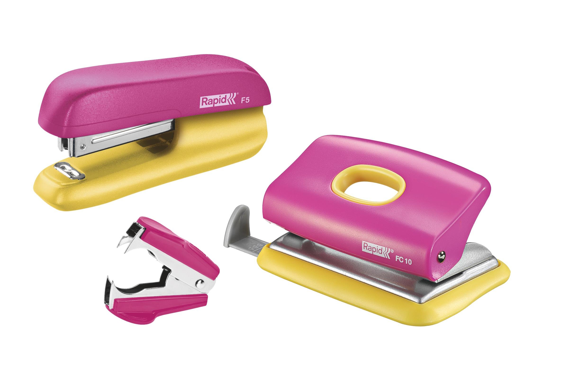Rapid F5 Mini Stapler, FC10 Hole Punch and Staple Remover Set, 10 Sheet Capacity, Staples Included, Metal and Plastic, Pink/Yellow, 5000371