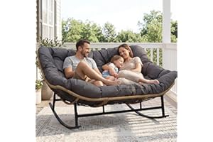 NICESOUL Double Wide Rocking Papasan Chair Outdoor Indoor for 2, PE Wicker Patio Rocking Chair with Cushion and Frame, 700 lbs Heavy Duty Big Comfy Lounge Chair for Porch, Balcony & Living Room, Grey