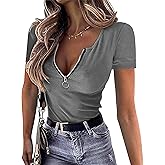 OwnTime Womens Summer Tops Short Sleeve Shirts Sexy V Neck Slim Fit Zip Up Tops Ribbed Knit Henley Shirts Blouses