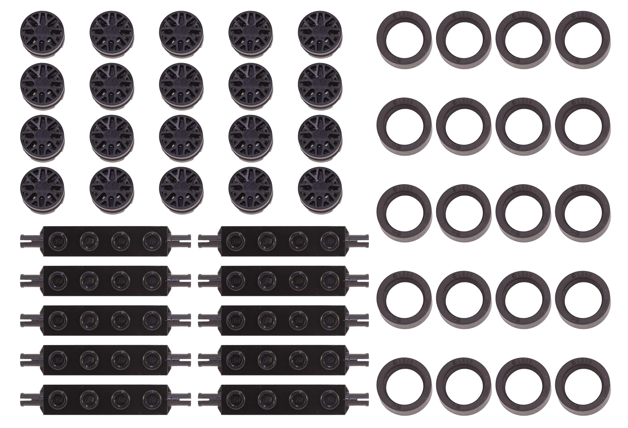 LEGO Parts and Pieces: 14x6mm Black Tire, Black Wheel, 1x4 Black Wheels Holder Pack - 50 Pieces