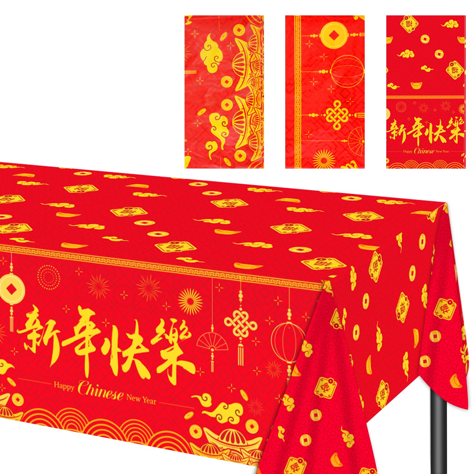 NQEUEPN 3pcs New Year Table Cloth 2024, Chinese Happy New Year Table Runner Table Cover Tablecloth New Years Eve Party Tablecover Plastic Decoration for Home Decor