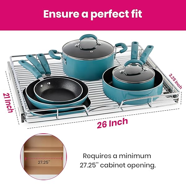 HOLDN’ STORAGE PULL OUT CABINET ORGANIZER, HEAVY DUTY CADDY W/LIFETIME LIMITED WARRANTY -26”W X 21”D – REQUIRES AT LEAST 27-1/4” CABINET OPENING, STEEL METAL CABINET DRAWERS SLIDE OUT, CHROME