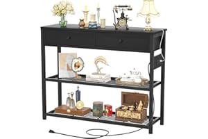 Ecoprsio Entryway Table with Outlets and USB Ports, Console Table with 2 Drawers, Small Sofa Table with Storage Shelves for Living Room, Couch, Hallway, Foyer, Kitchen Counter, 32'', Black