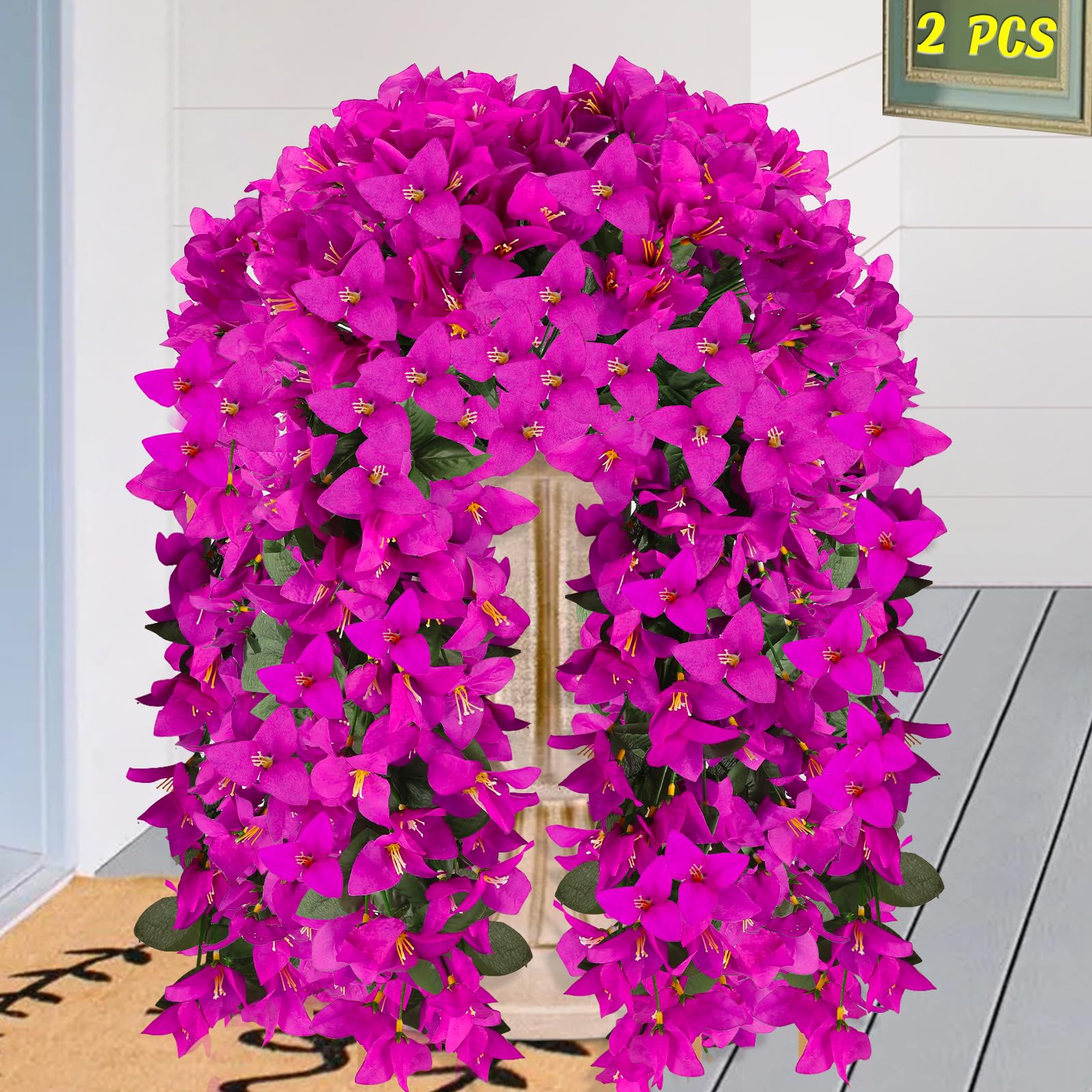 Alotiki Artificial Bougainvillea Flowers for Outdoor Plant,2 pcs Faux Hanging Flowers Bougainvillea for Outside Decoration,Fake Silk UV Resistant Vines for Front Door Porch(Fuchsia)