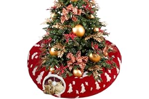 LUCKITTY Christmas Tree Print Cat Tunnel Bed Under Tree, Red Jacquard Fabric with Hanging Plush Ball, 10-Inch Diameter 3-Ft Wide Round Pet Tube - Soft & Cat-Safe Decor Shield