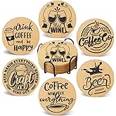 Cegkuc Coasters for Drinks with Holder Set of 6, Coffee Pattern Cork Coaster Absorbent for Desk Office Cup Table Coasters Kitchen Decor House Warming Gifts for New Home Couples, Round 4"