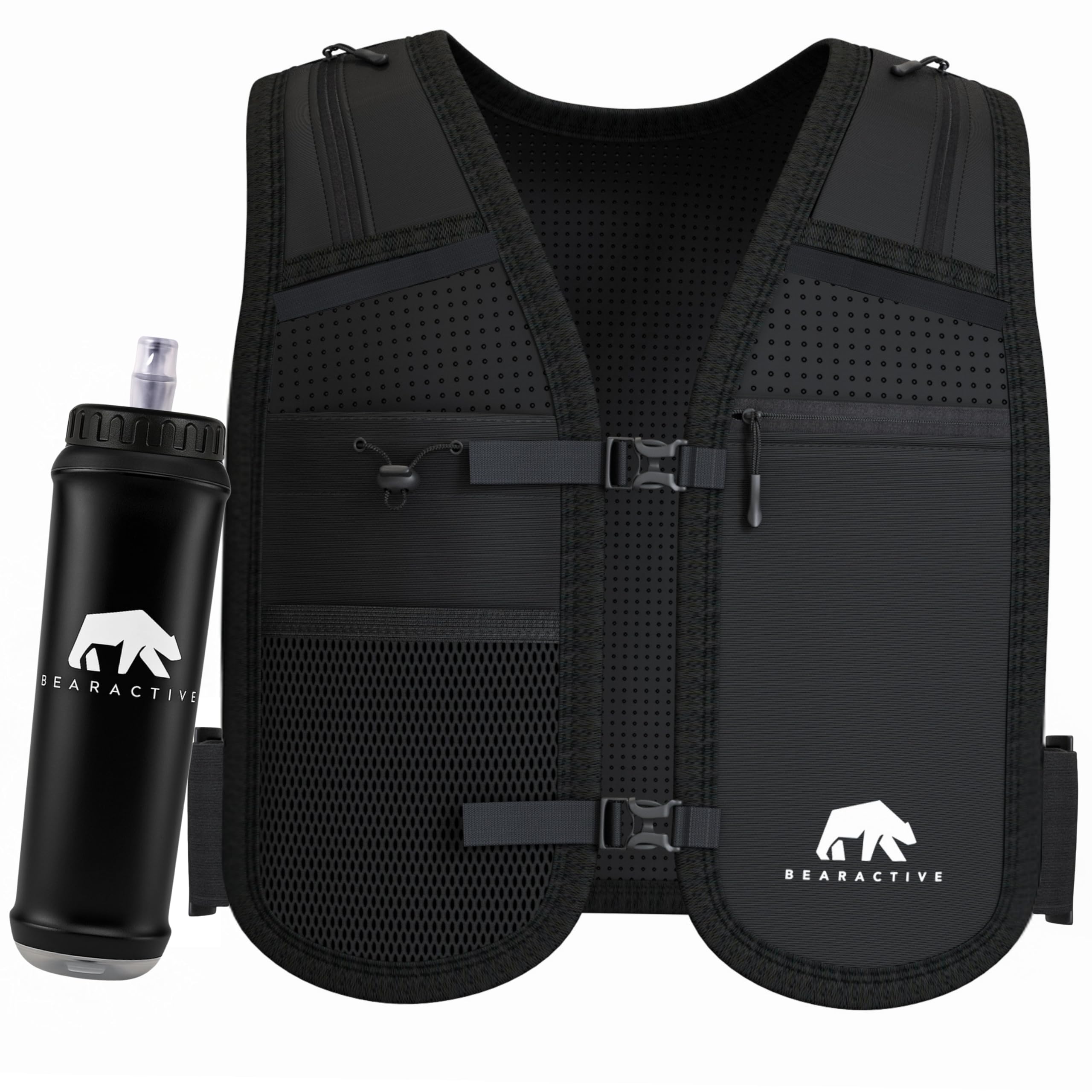 Bearactive Running Phone Holder with 500ml Water Bottle - Adjustable Strap and 6 Pockets - Running Hydration Vest for Women & Men (Black)