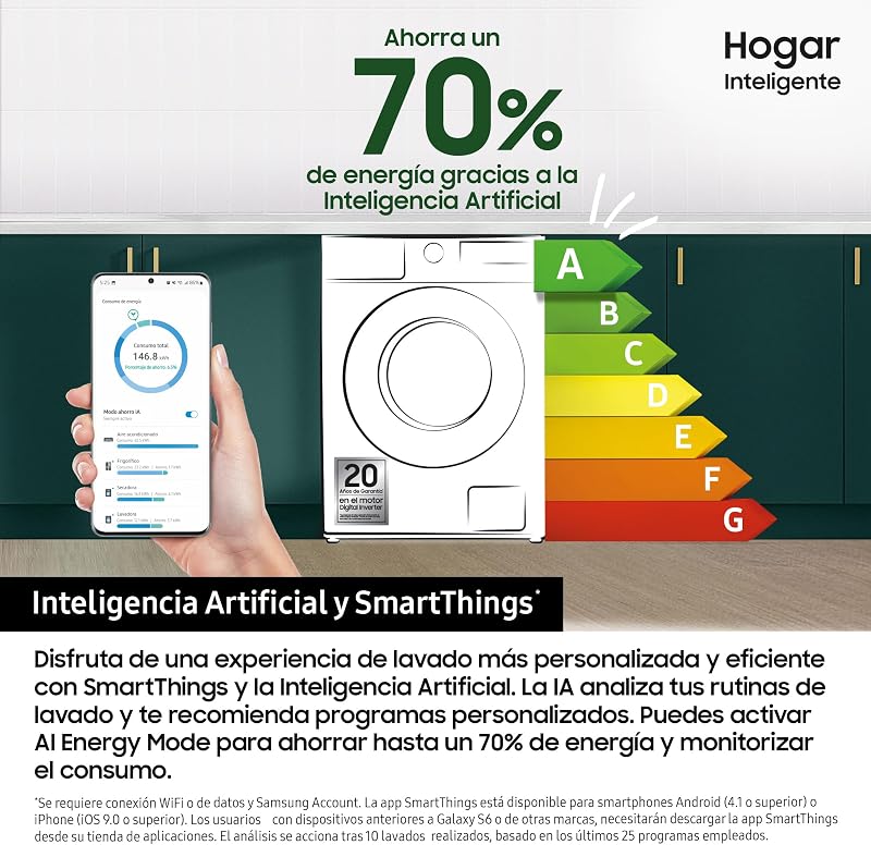WW11DB7B34GWU3, Lavatrice AI EcoBubble, 11 kg, Efficienza Energetica A-20%, con SmartThings, Intelligenza Artificiale e Programma Super Speed 39, Bianco