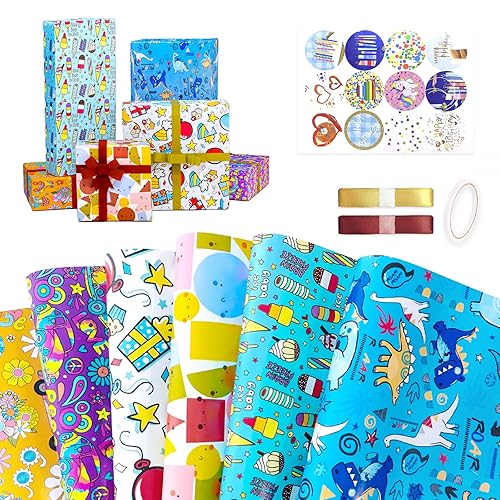 Niviy Gift Wrapping Paper Printed with Dinosaur Pattern, Ice Cream, Flowers (70cm x 50cm) - Children's Present Wrap Paper Set Included 6 Gift Wrap Papers, Perfect for Kids, Boys, Girls, Children