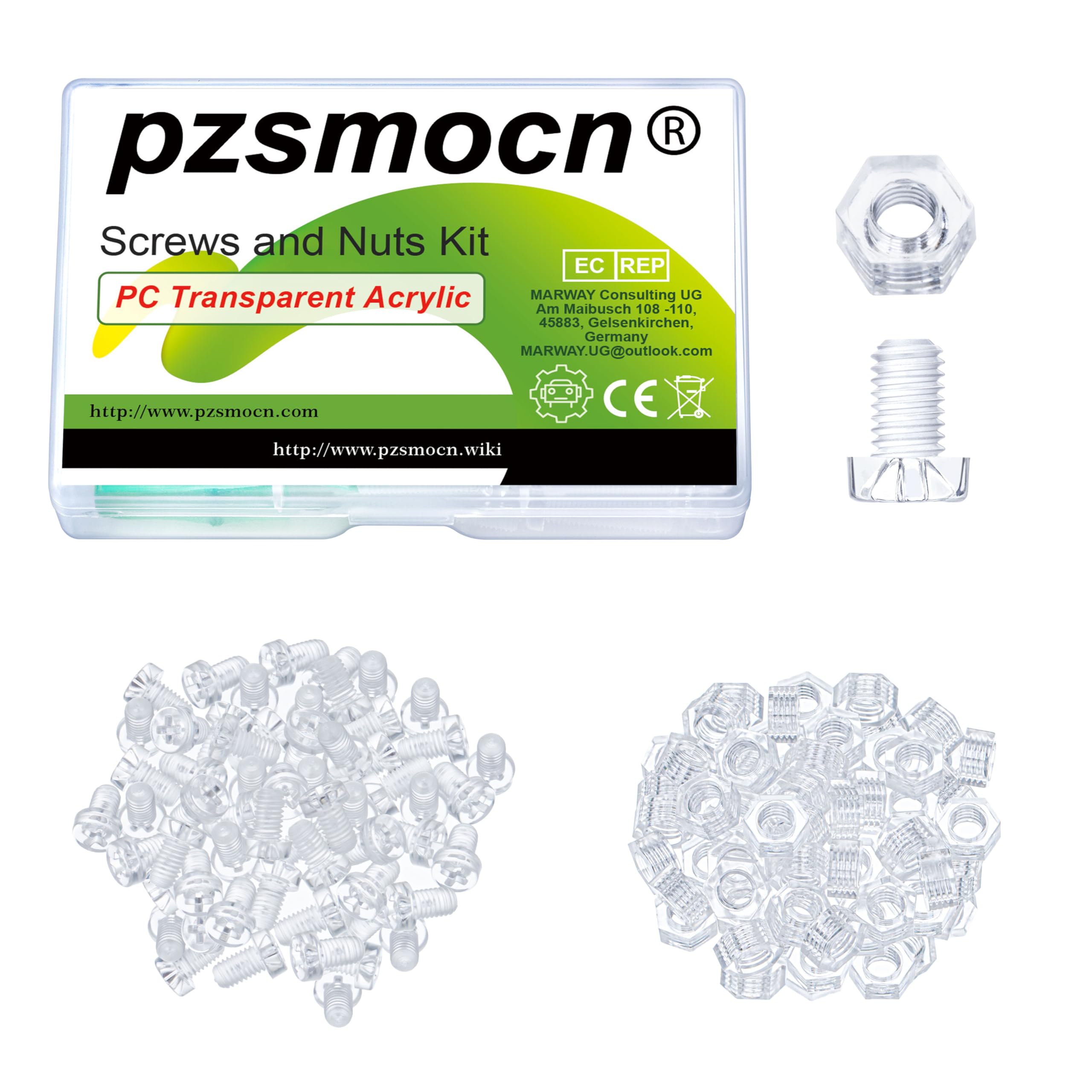 Pzsmocn 100 Pieces/50 Sets M5*8 mm PC Transparent Plastic Cross-recessed Round Head Screws and Hexagonal Nuts Kit, Corrosion-resistant, for DIY, Model and Electronic Product Fixation.