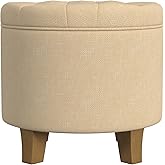 HomePop by Kinfine Fabric Upholstered Round Storage Ottoman - Button Tufted Ottoman with Removable Lid, Light Tan Textured Solid