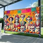 BlissYard Day of the Dead Banner Skull Marigold Decorations 71 x 43 Inch | Dia de los Muertos Banner Sugar Skull Mexican Photo Backdrop for Party Photo Booth Yard Papel Picado