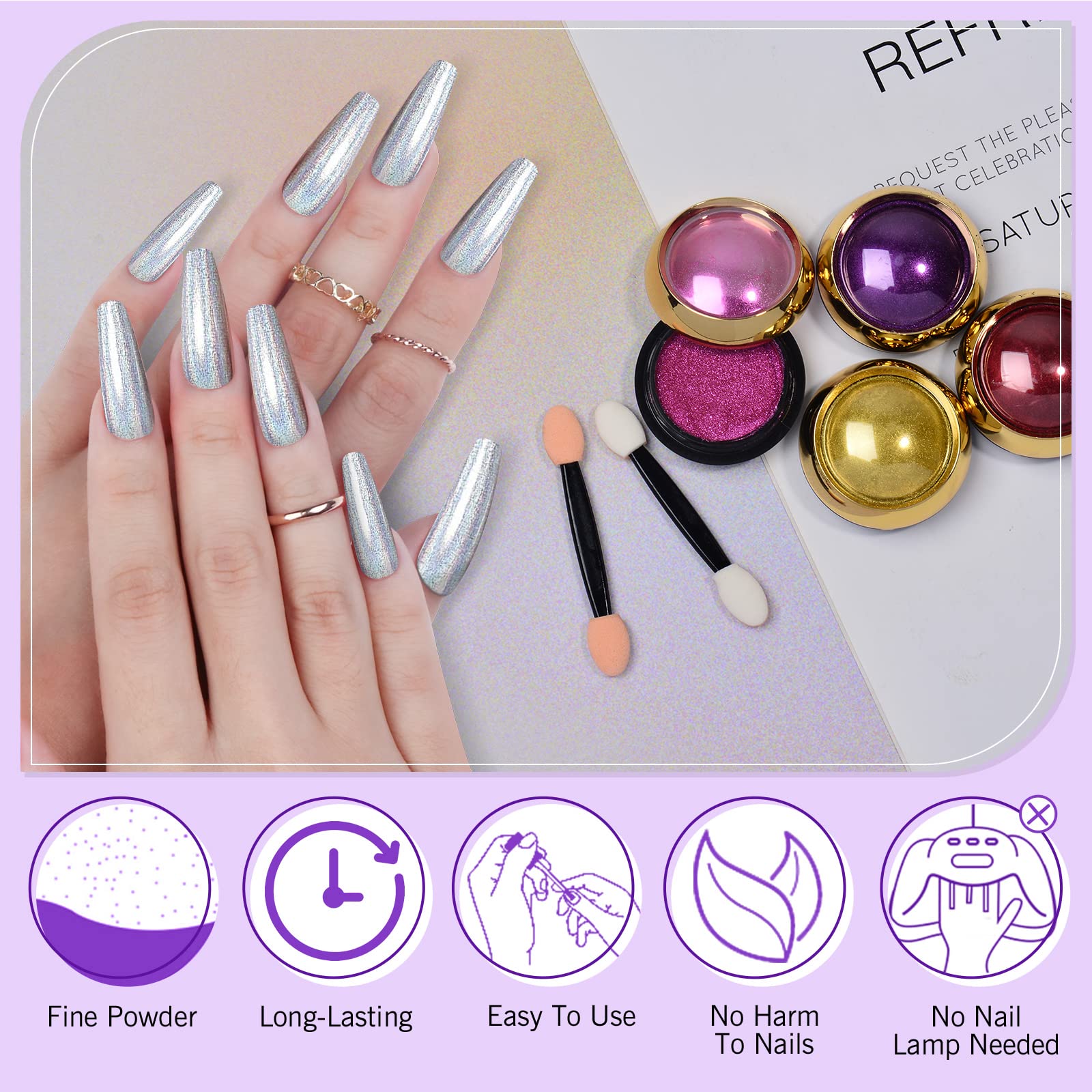 24Pcs Saviland Chrome Nail Powder Set - Metallic Mirror Effect Holographic Nail Powder Silver Red Green Gold Nail Chrome Powder for Nails Art Decoration - Image 5
