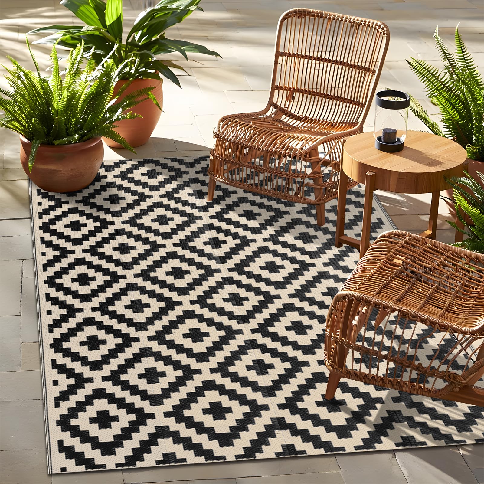 Photo 1 of OLANLY Waterproof Outdoor Rug 4x6 ft, Outdoor Plastic Straw Rug for Camping, RV Mat Outside, Outdoor Carpet for Porch, Deck, Backyard, Balcony, Picnic, Black & Beige