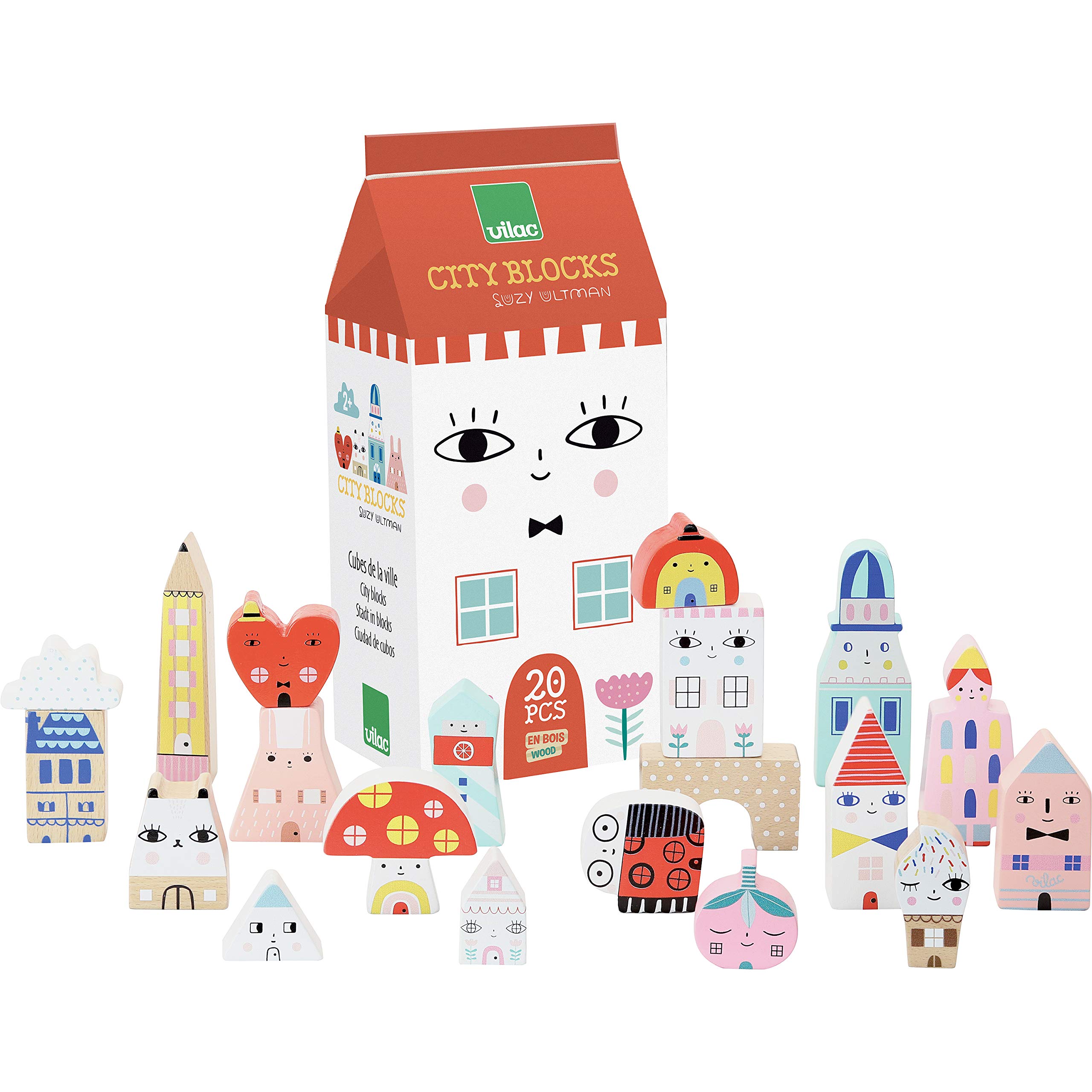 Vilac Wooden Tiny City Building Blocks, Designed by Artist Suzy Ultman, Comes In Lovely Box, 20 Pieces Included, Suitable for 2 Years+