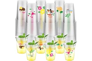 Kochorie 120 Pieces 16oz Hawaii Plastic Cups Hawaiian Luau Party Disposable Plastic Cups Tropical Hibiscus Drinking Cups Pineapple Tropical Wine Glasses for Tiki and Summer Beach Pool Party Supplies