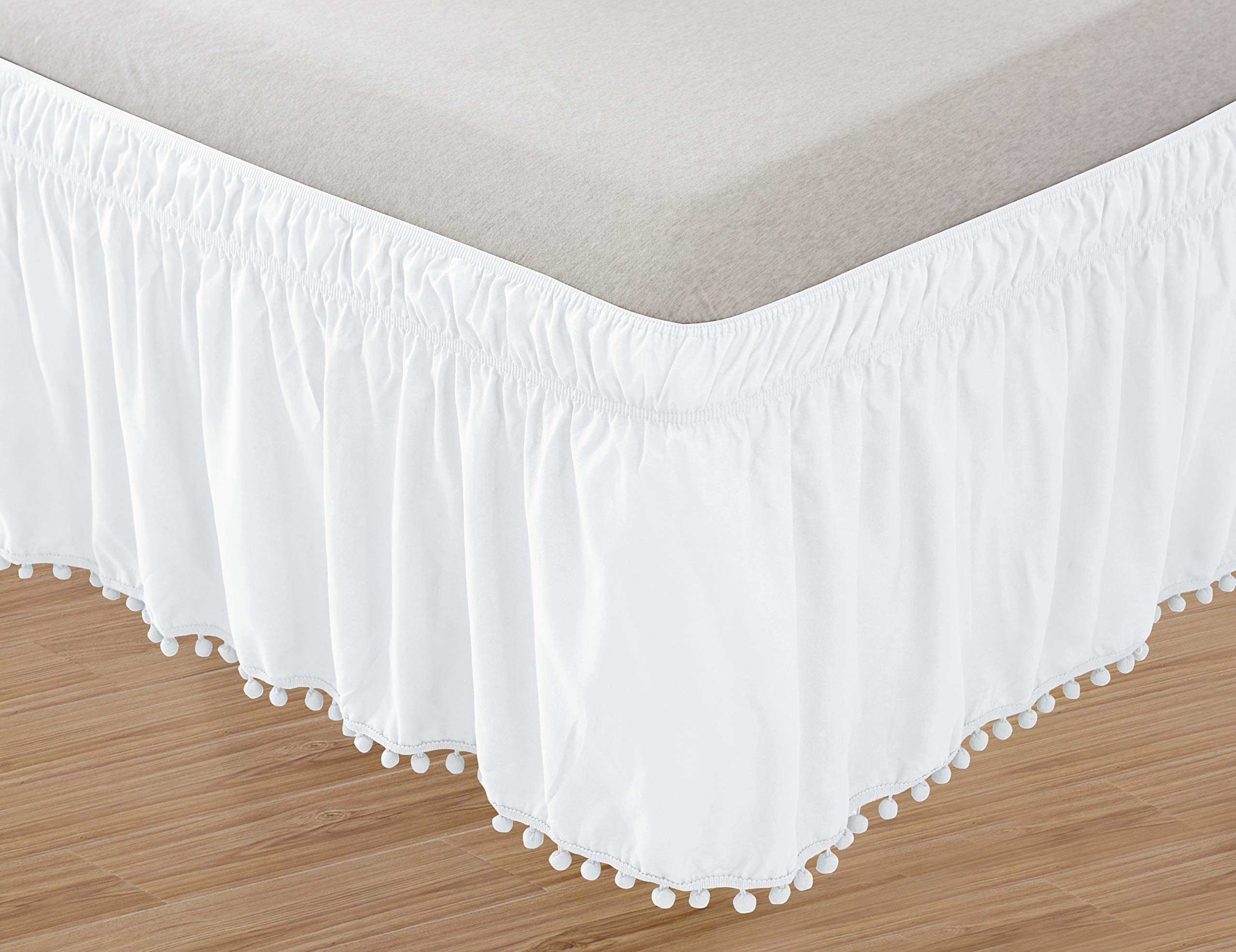 CELINE LINENCeline Linen Luxury Top-Knot Tassle Pompom Fringe Ruffle Bed Skirt -Wrap Around Style- Elastic Bed Wrap- Wrinkle Resistant 16inch Drop, Twin/Full, White