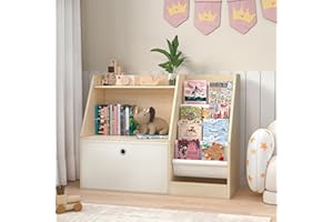 TOETOL Kids Bookshelf & Book Storage，4 Sling Wooden Toddler Book Shelf，2-Tier Wooden Open Bookcase & Storage Organizer Boxes for Nursery, Playroom, Bedroom