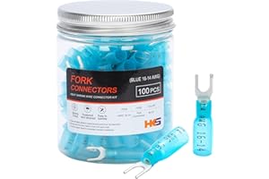 HKS 100PCS Fork Connector #8 Blue 16-14 Gauge - Heat Shrink Spade Fork Wire Connectors Kit - Tinned Red Copper - Automotive Marine Crimp Connectors - Waterproof and Insulated Terminals