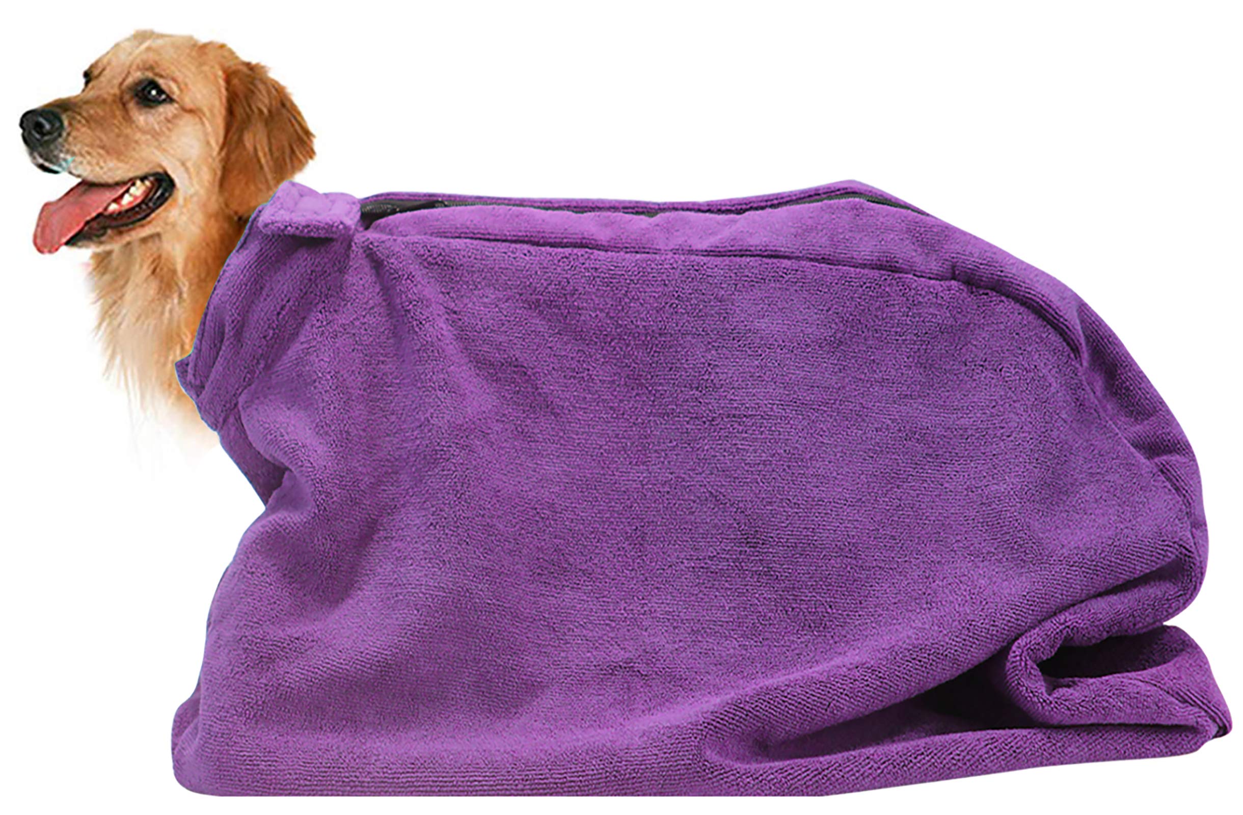 Premium Microfiber Dog Drying Bag - Quickly Removes Water Mud and Dirt - Extra Absorbent Towel Solution with Durable Hook and Loop Neck Strap-Purple-XS
