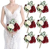 Artificial Flowers Bridesmaids Bouquets Set of 6 - Burgundy and White Bridesmaid Bouquet Handmade Small Silk Rose Floral Bouquet for Wedding Bridal Shower Anniversary Marriage Proposal -7 Inch