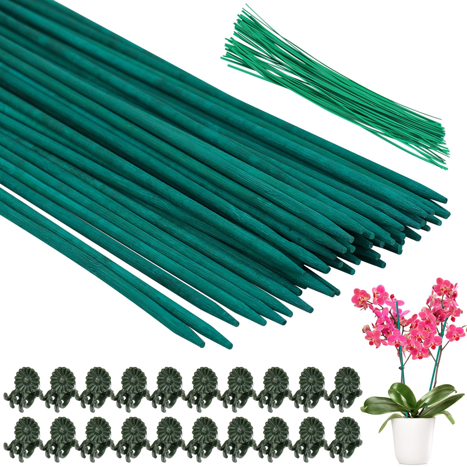 Hysagtek 50 Pack Bamboo Plant Sticks 40cm (16") - Premium Garden Plant Support Canes with 50 Plant Ties & 20 Orchid Clips - Natural Eco-Friendly Plant Stakes for Tomatoes, Vegetables, Flowers