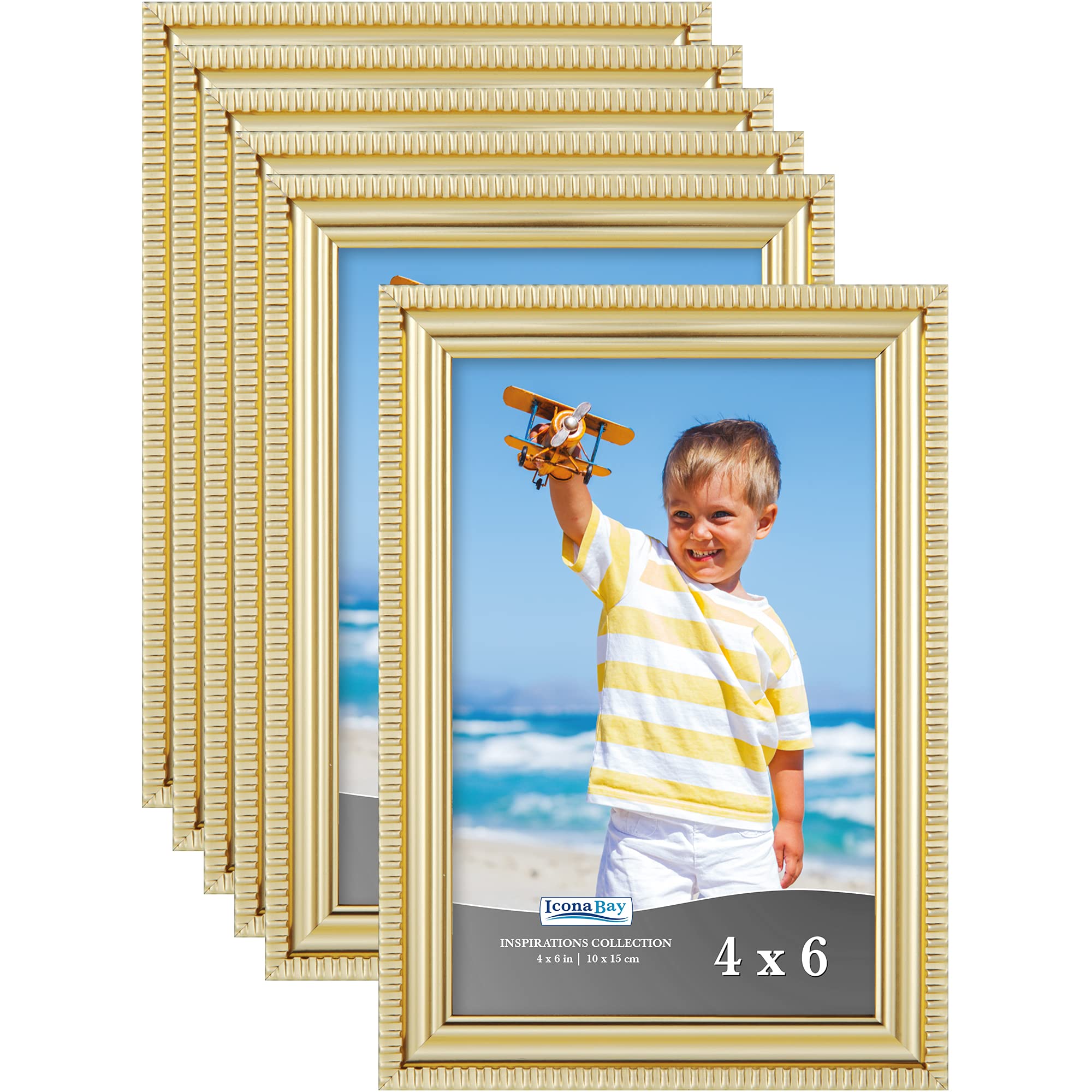 Icona Bay - 6x4 inch Picture Frames - Gold, 6 Pack - Beautifully Detailed Moulding - Contemporary Picture Frame Set - Wall Mount or Table Top - Inspirations Collection