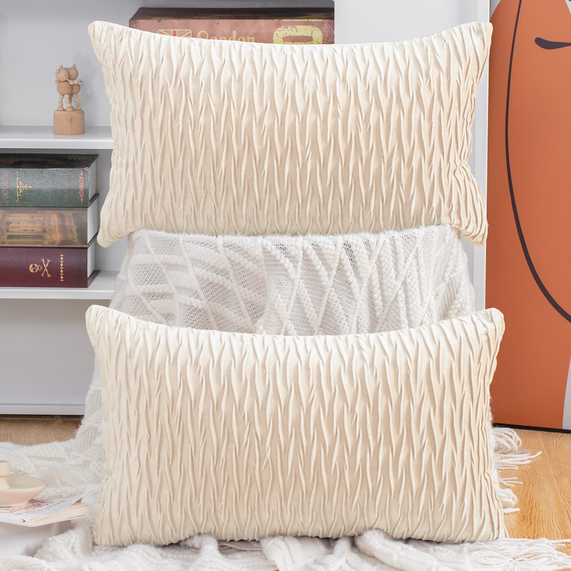 Madizz Pack of 2 Super Soft Velvet Decorative Cushion Covers with Texture Luxury Style Throw Pillow Cases Pillow Shell for Sofa Bedroom Square Beige 16x32 inch