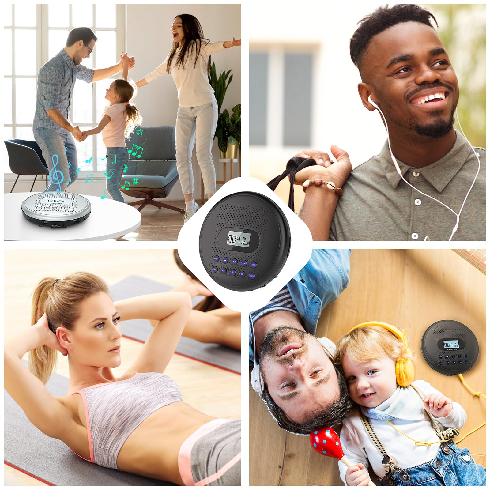 ARAFUNA Portable CD Player with Dual Stereo Speakers, Rechargeable Compact CD Player for Car with Anti-Skip Protection, Headphones and AUX Cable