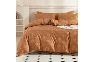 JELLYMONI Duvet Cover Queen, Rust Microfiber Tufted Duvet Cover Set, Boho Textured Duvet Cover Jacquard Rhombus Geometric Pattern Duvet Cover with Corner Ties & Zipper Closure
