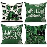 FUYUCHEN Hello Sunshine Happy Summer Pillow Covers 18x18 Inch Palm Leaves Stripes Cat Paw Print Green Decorative Throw Pillow Cases Holiday Seasonal Farmhouse Decorations for Sofa Couch Set of 4