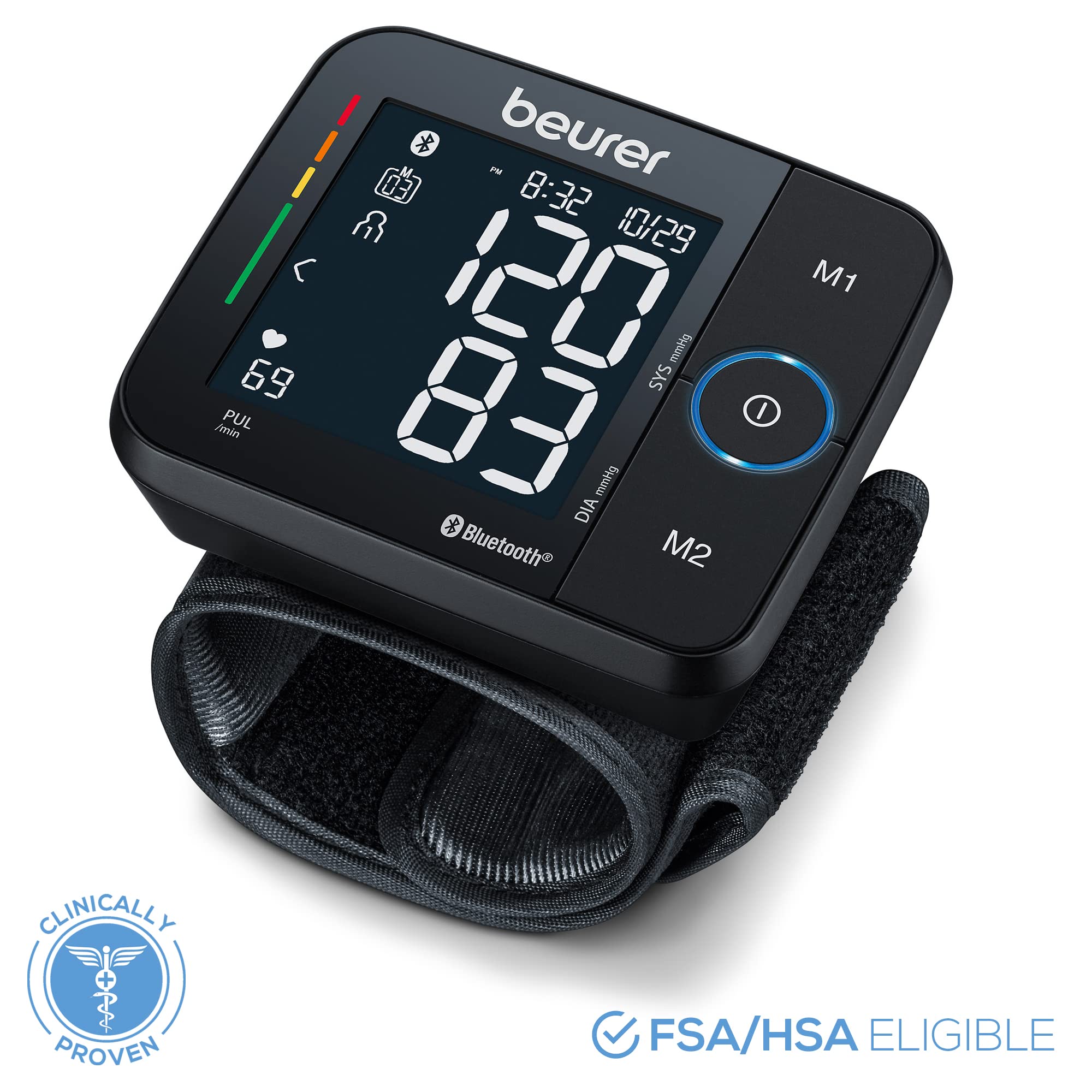 Beurer BC54 Wrist Blood Pressure Monitor with Bluetooth, Irregular Heartbeat Detector, Risk Indicator, Accurate Large Display, and Travel Case, Wrist Cuff up to 120 Memory Sets