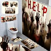 Fuweave 8 Pcs Halloween Bathroom Decor Ghost Shadow Shower Curtain Rug Set | Bloody Hands Shower Curtain with Towels, Non Slip Rugs, Toilet Lid Cover, Bath Mat, 12 Hooks for Halloween Decor