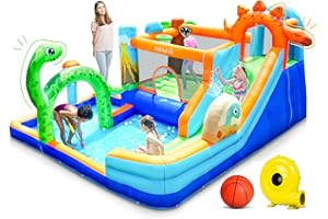 AirMyFun Dinosaur inflatable Water Slide Bounce House for Big Kids 8-12, Water Bounce House for Kids Backyard with Blower | Boxing Ring, Rock Climbing Wall, Spacious Splash Zone - includes Repair kit