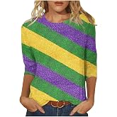 Mardi Gras Shirts for Women 3/4 Sleeve Tops Mask Crewneck Blouse Funny Print Carnival Party Sequin Tshirt Tunic Tops