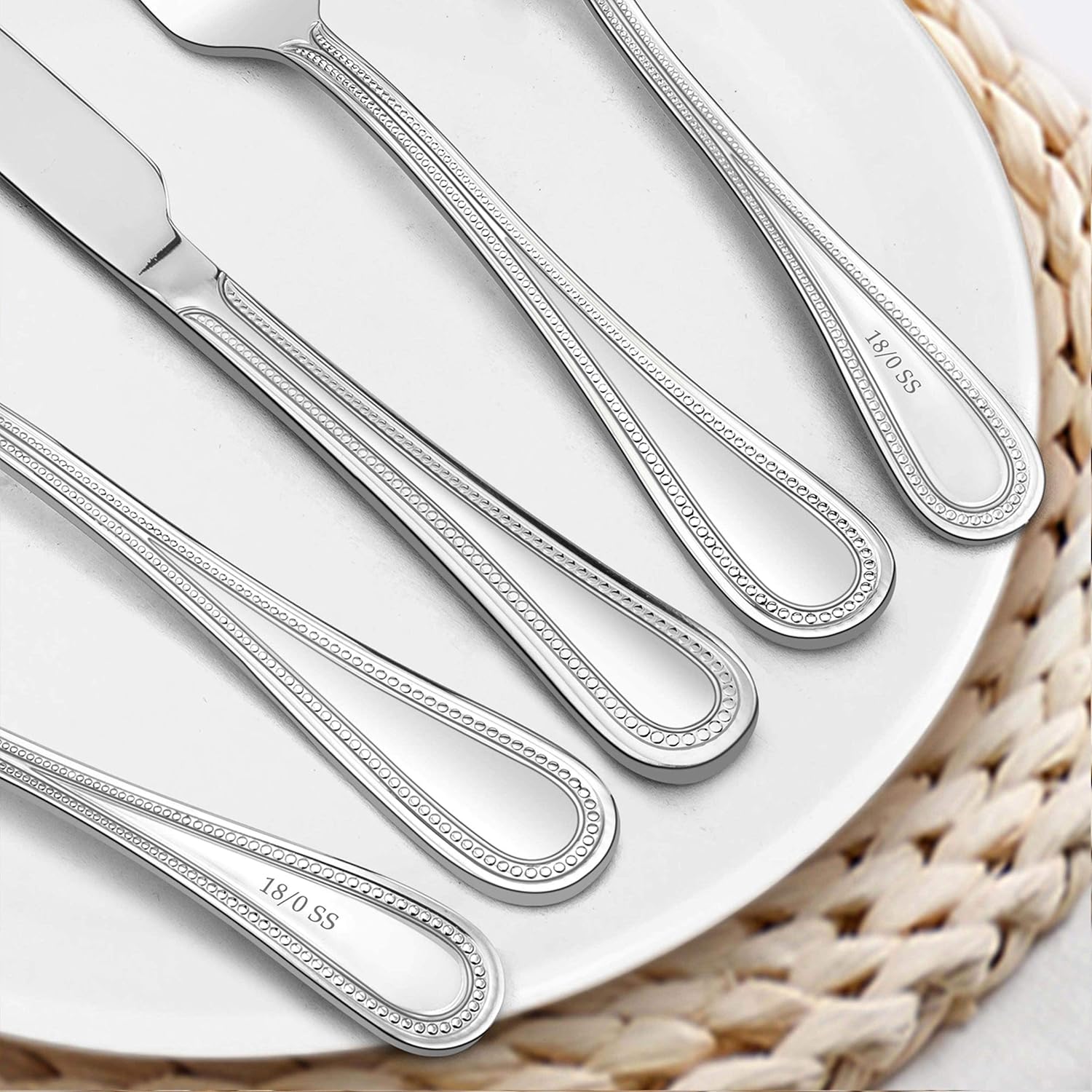  | LIANYU 20-Piece Silverware Set, Stainless Steel Flatware Set for 4, Fancy Cutlery Eating Utensils with Pearled Edge, Home Kitchen Restaurant Tableware Include Knives Spoons Forks, Dishwasher Safe: Flatware Sets