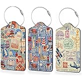 3 Pack Luggage Tags,Retro Travel Stickers PU Leather Luggage Tags for Suitcase,Name ID Labels with Privacy Cover Suitcases and Metal Loop for Travel Bag Suitcase
