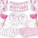 Pink Bow Birthday Decorations Serve 24 Coquette Birthday Decorations Party Supplies, Includes Bow Banner Tablecloth Balloons Plates Flatware Cups Napkins Theme Tableware for Women Girls Party Decor