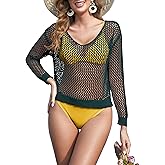 AGKRUNN Women's Crochet Cover Up Hollow Out Long Sleeve Top See Through Sexy Vacation Outfits