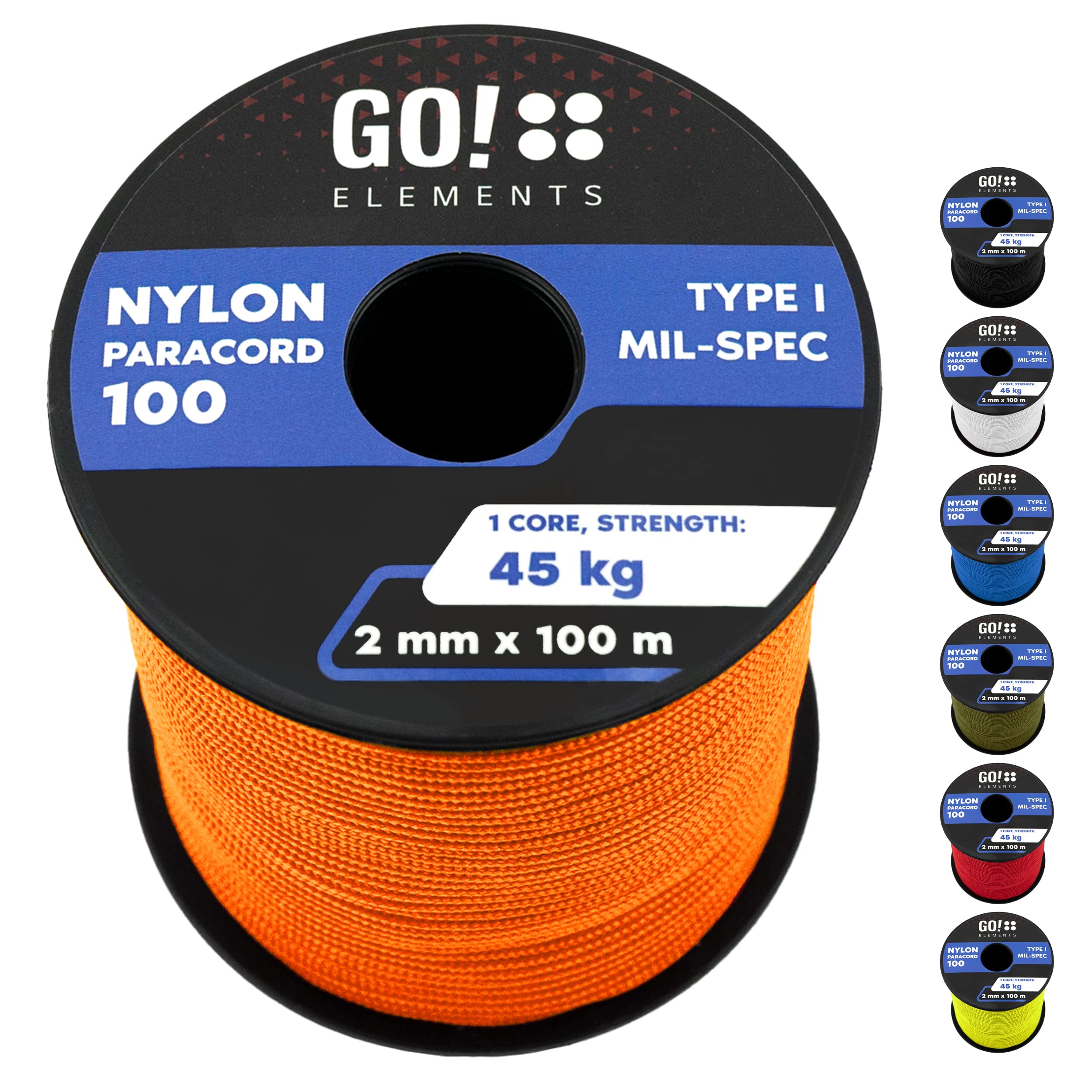 GO!elements 100 m Paracord 2 mm Rope Made of Tear-Resistant Nylon Cord – Paracord 100 Type I Survival Cord – Tear-Resistant up to 45 kg – Suitable as an All-Purpose Rope, Masonry Cord, Colour: Orange