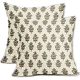 Aytipun Brown Green Floral Block Print Pillow Covers 18x18 Set of 2 Spring Flower Pattern Decorative Throw Pillowcases Outdoor Rustic Farmhouse Square Cushion Cases Decor for Home Couch Sofa Bed
