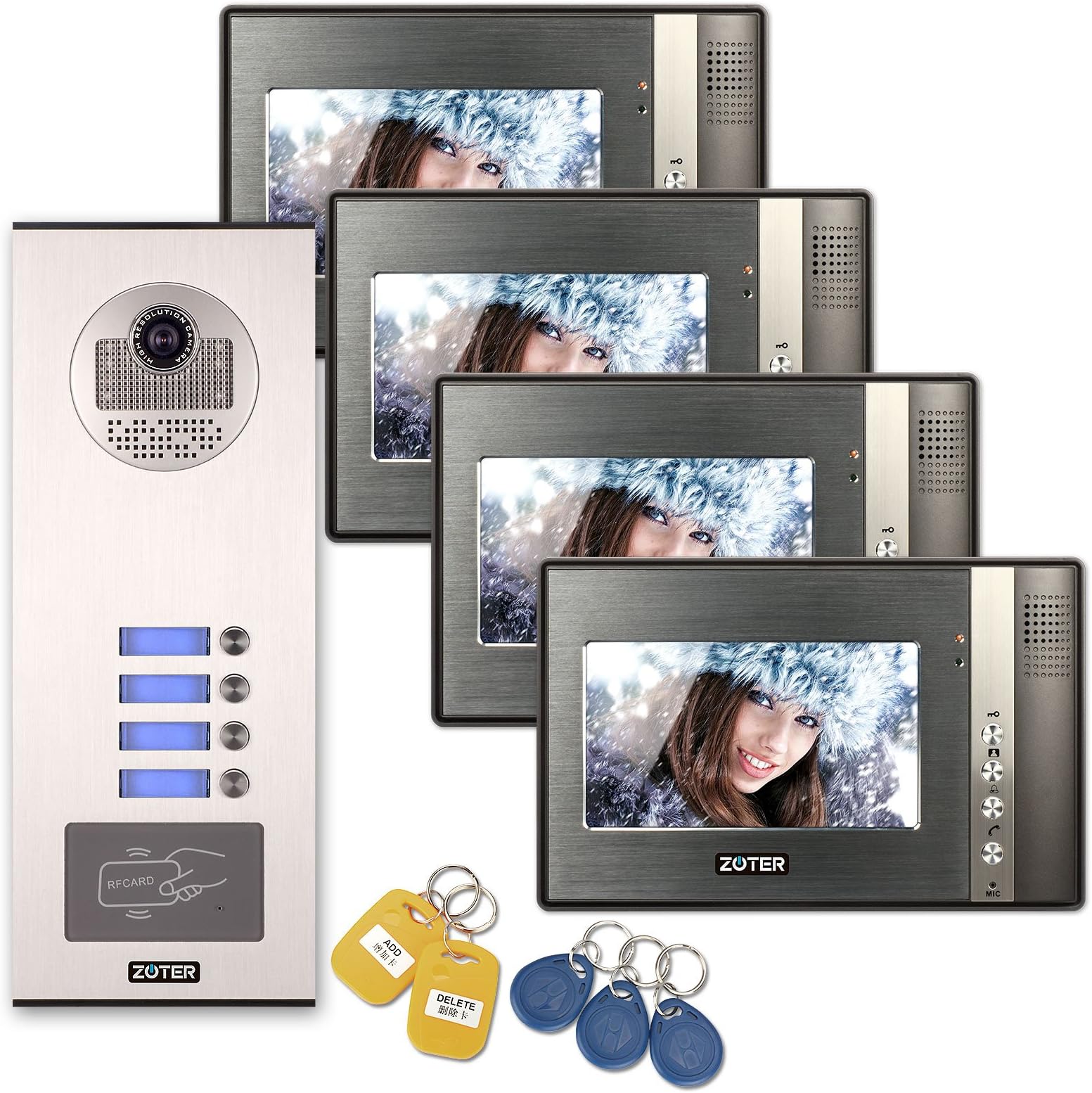 SOTER SECURITY® Wired 7" Inch TFT LCD Color Screen Monitor 600TVL CMOS HD Camera Video Door Bell Phone Intercom RFID Card Access Control Home Gate Security Kit System for 4 Families Apartment