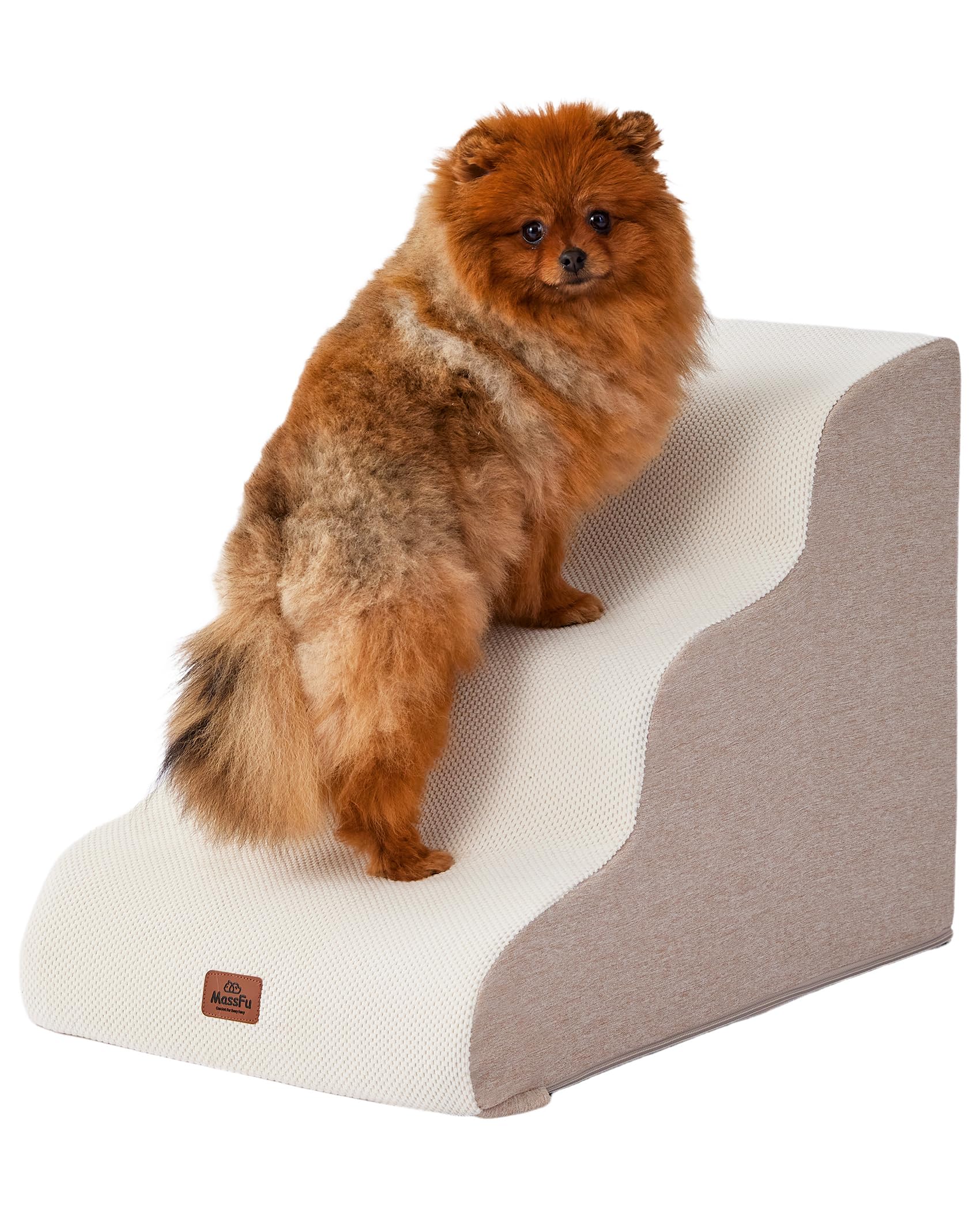 Photo 1 of Beige Curved Dog Stairs Ramp for Small Dogs & Cats 17" H, 3-Step Dog Steps for Couch Sofa and Chair, Pet Stairs for Cats, Non-Slip Balanced Pet Steps